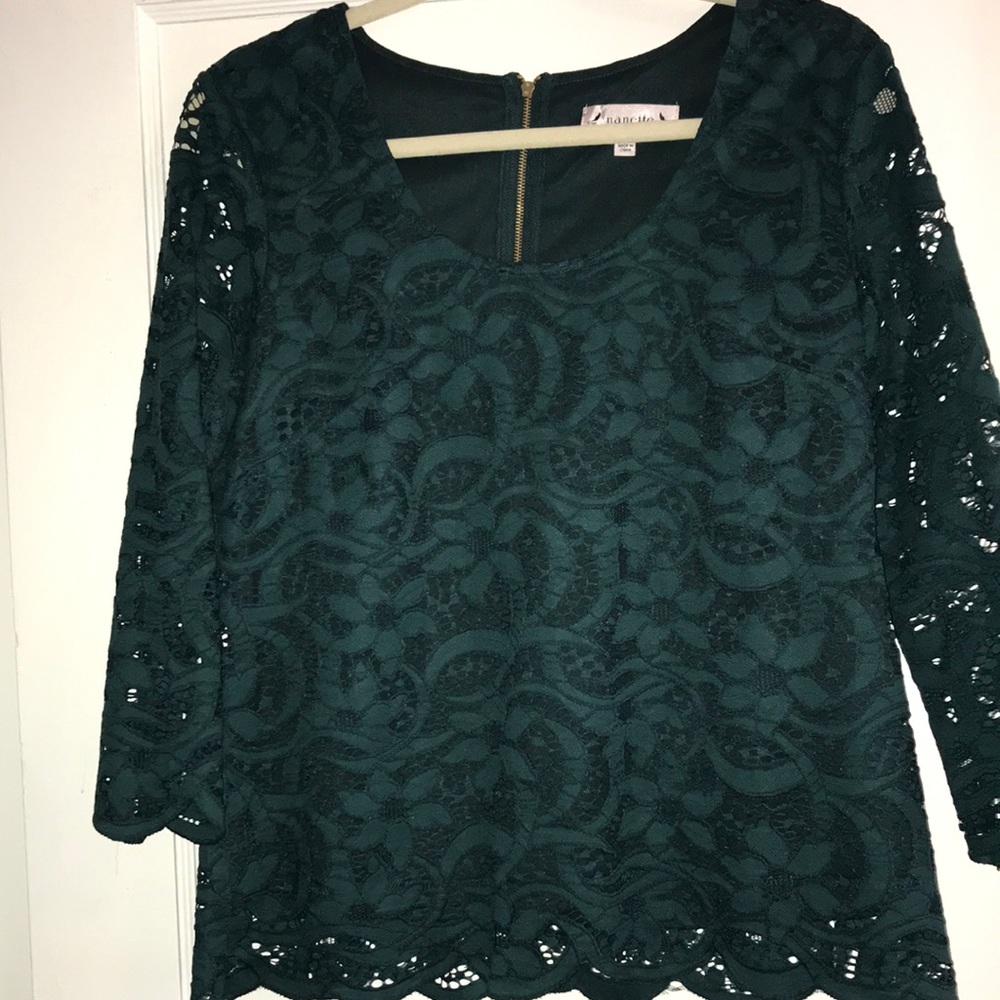 Hunter green lace blouse with gold zipper back closure by Nanette Lepore